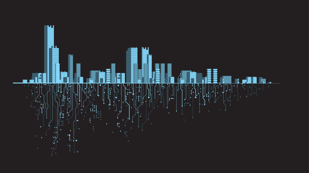 skyline of city with digital twin